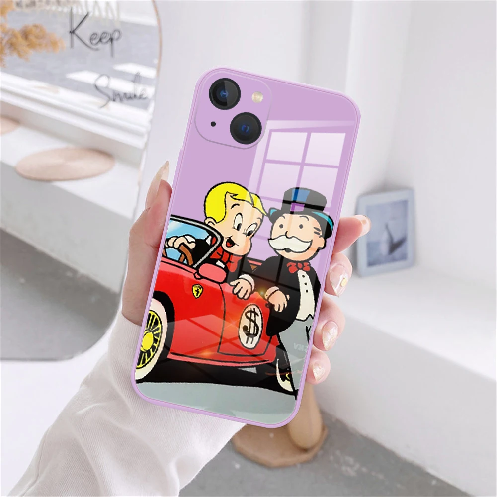 Catoon Dollar Alec Monopoly Tempered Glass Phone Case For iPhone 11 12 13 Pro Max X XR XS MAX 8 7 Plus purple reflective case