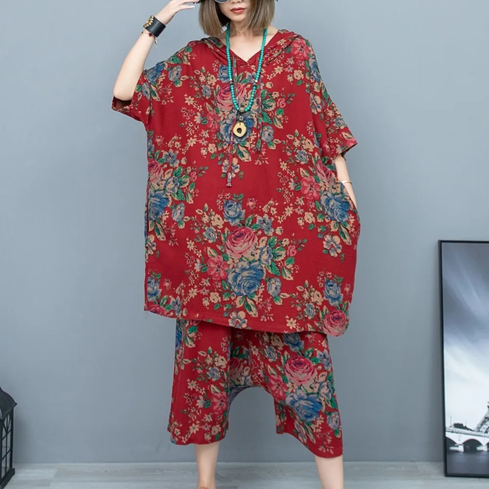 

Worn Out Safflower Cotton Linen Hooded Mid Length T-shirt + Cropped Pants Two-piece Set Women 2024 Summer Pant Set LX871