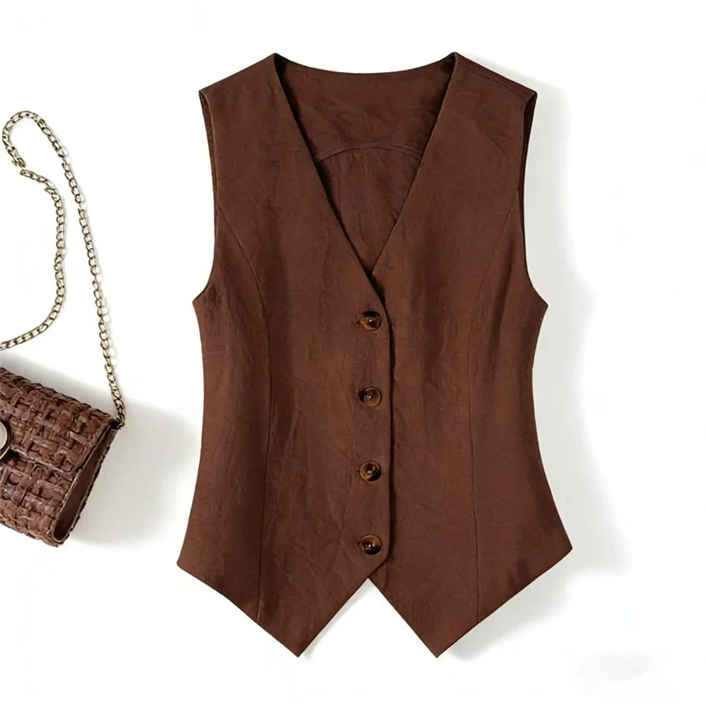 Korean Fashion Summer Solid Color Linen Vest Thin Women's Vest Slim Short Sleeveless Suit V-neck Shoulder Vest Women's Clothing