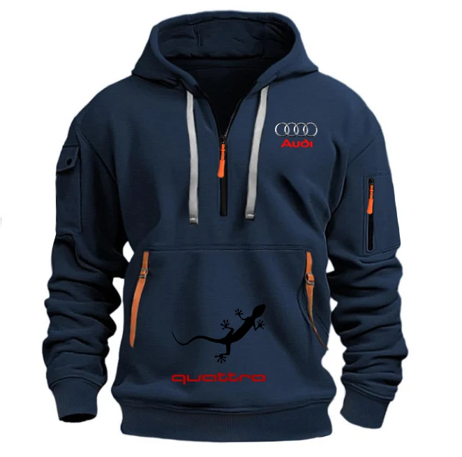 

The new Audi hooded knitted one-piece coat is made of polyester fabric. It features a zipper and multiple pockets. It is a casua