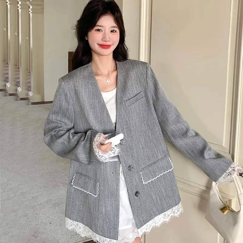 Lace Spliced Blazers Jacket New Suit Coats & Jackets winter 2026 Outerwears Long Sleeve Chamarras Fashion Loose Clothes Woman