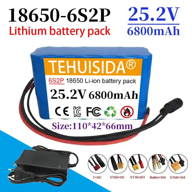 

6S2P 18650 Lithium Battery 25.2V 6800mAh Built-in BMS for Electric Bicycles and Motorcycles 25.2V 2A DC Charger