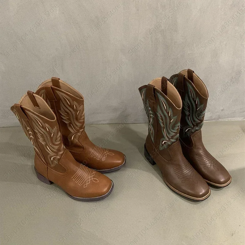 

2025 New Fashion Western Cowgirl Boots Retro Style Embroidery Women Zippers Mid Calf Booties Square Heels Autumn Winter Shoes