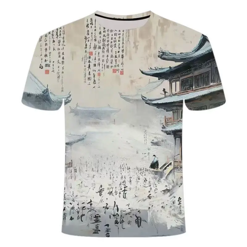 New Summer Ancient Style Ink Painting 3D Niche Street Style Fashion Couple Children's Clothing Ins Trendy Casual Top