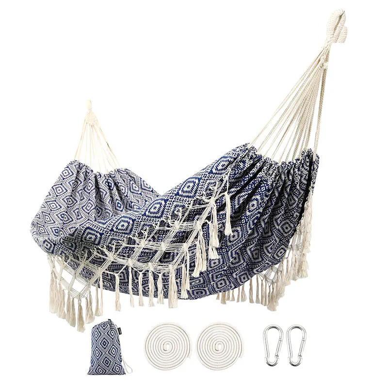 

YJQ outdoor printing with fringed hammock outdoor swing anti-rollover polyester-cotton single portable hammock
