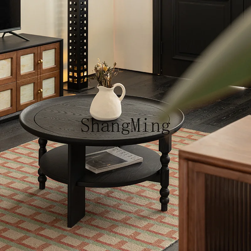 

SM antique retro round coffee table household living room small apartment solid wood new living room side table