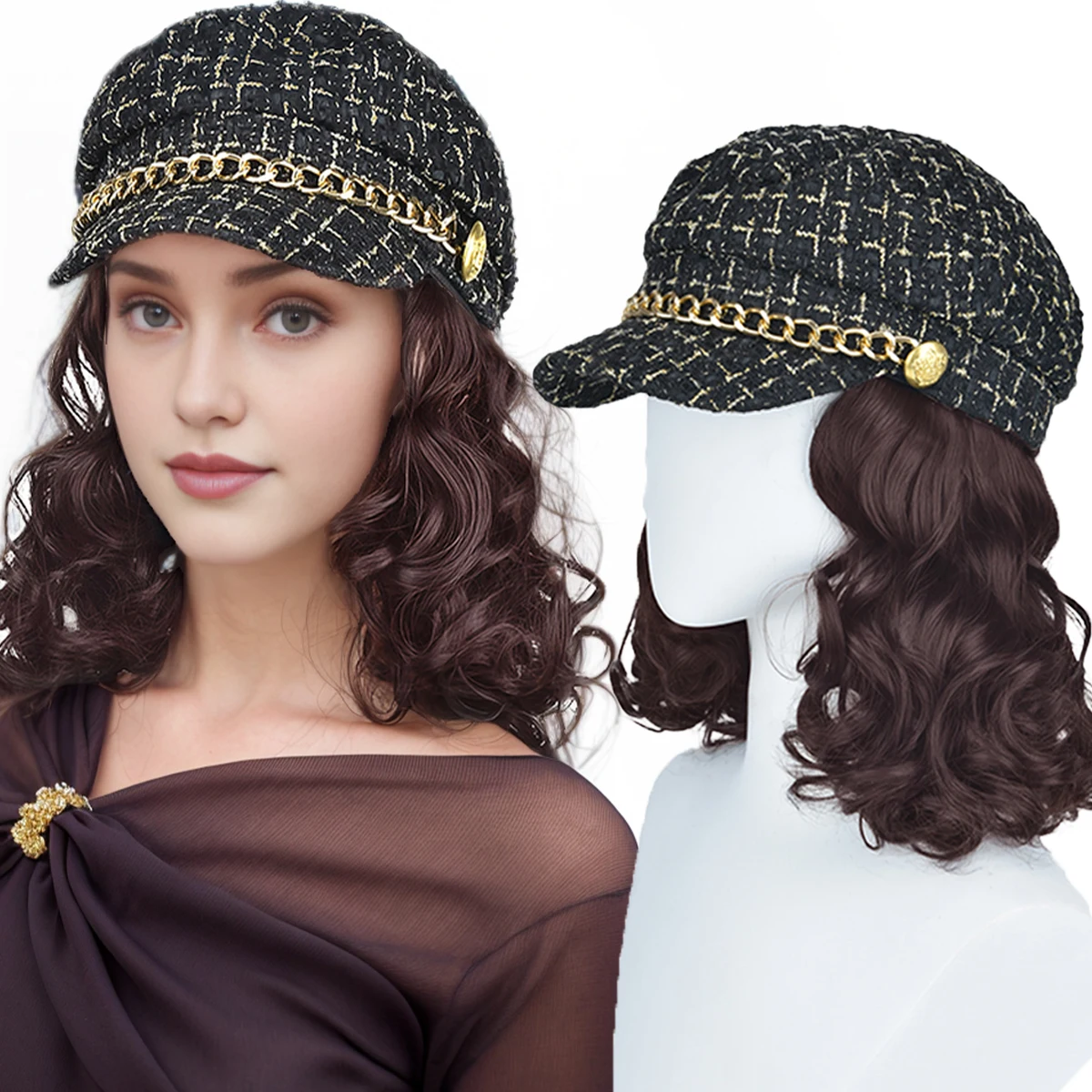 Natural synthetic lazy hat wig women fashion wig hat short curly hair autumn and winter mother cap wig