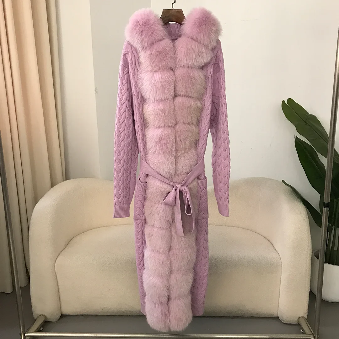 

FURYOURSELF Autumn Winter Detachable Natural Fox Fur Placket Knitted Cardigan Slim Long Women Hooded Sweater Lace-up Fur Jacket