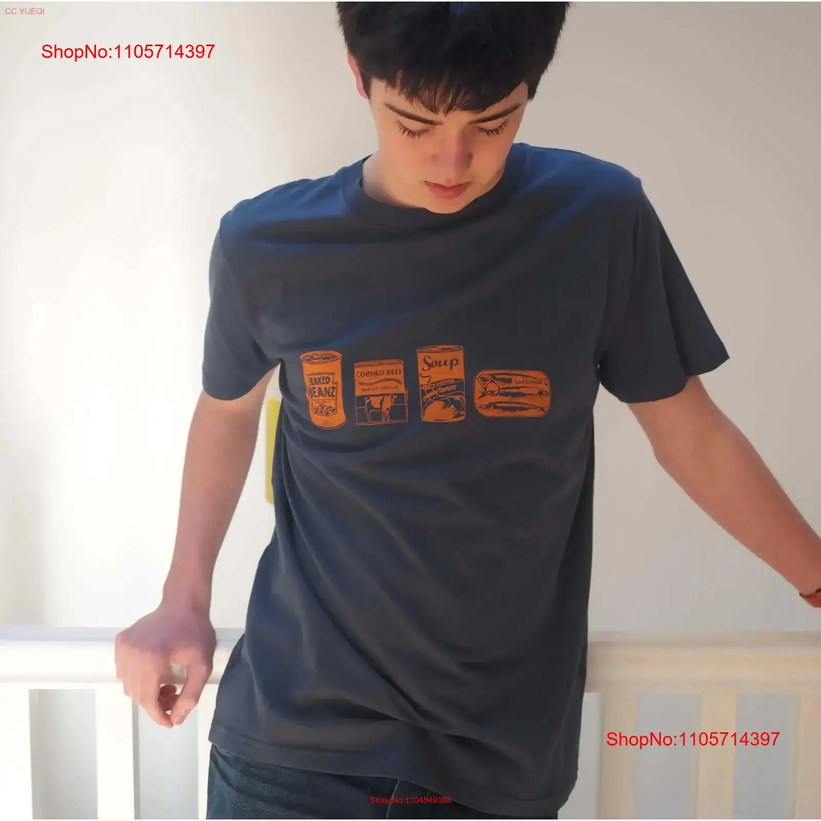 Tinned food T shirt fish baked beans corned beef tomato soup gourmet gift cooking print sardines vintage Washed