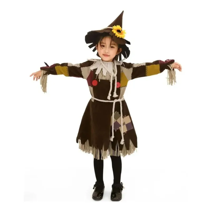 Disfraz de Espantapájaros de la Magia de Oz para Niñas, Vestido de Parches Marrón, Sombrero, Accesorios de Girasol, Traje para Actuaciones de Halloween y Carnaval