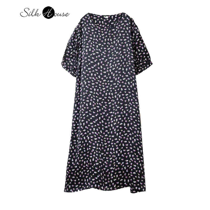 

Свежее маленькое цветочное платье из 100% натурального шелка шелковицы SangBo, элегантное темпераментное платье с круглым вырезом и короткими рукавами с принтом