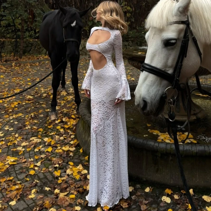 TARUXY Elegant Lace Backless Dress Women's Solid Slim Sexy High Waist Bell Sleeves Autumn New Dress Female Evening Gown