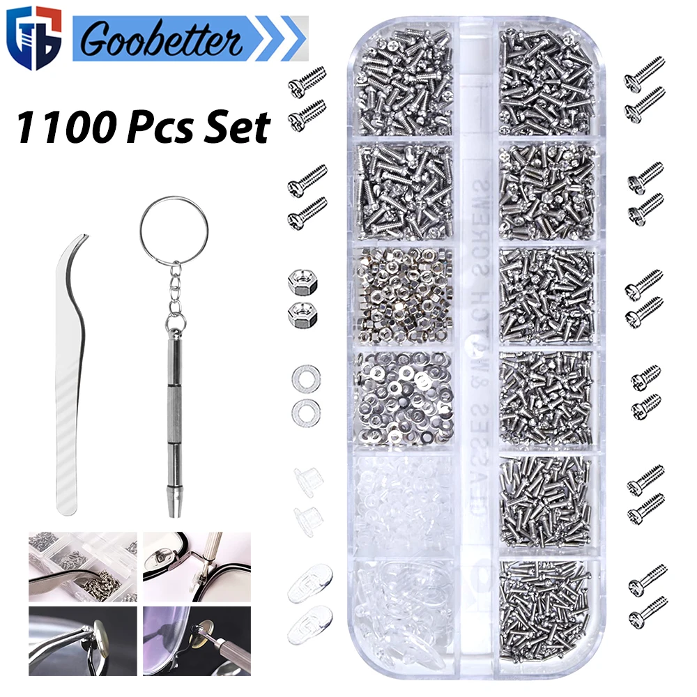 1100Pcs Stainless Steel Micro Screws & Nuts & Washers Set M1 M1.2 M2 M2.5 Mini Screw Tools Assortment  Kit for Glasses Watch