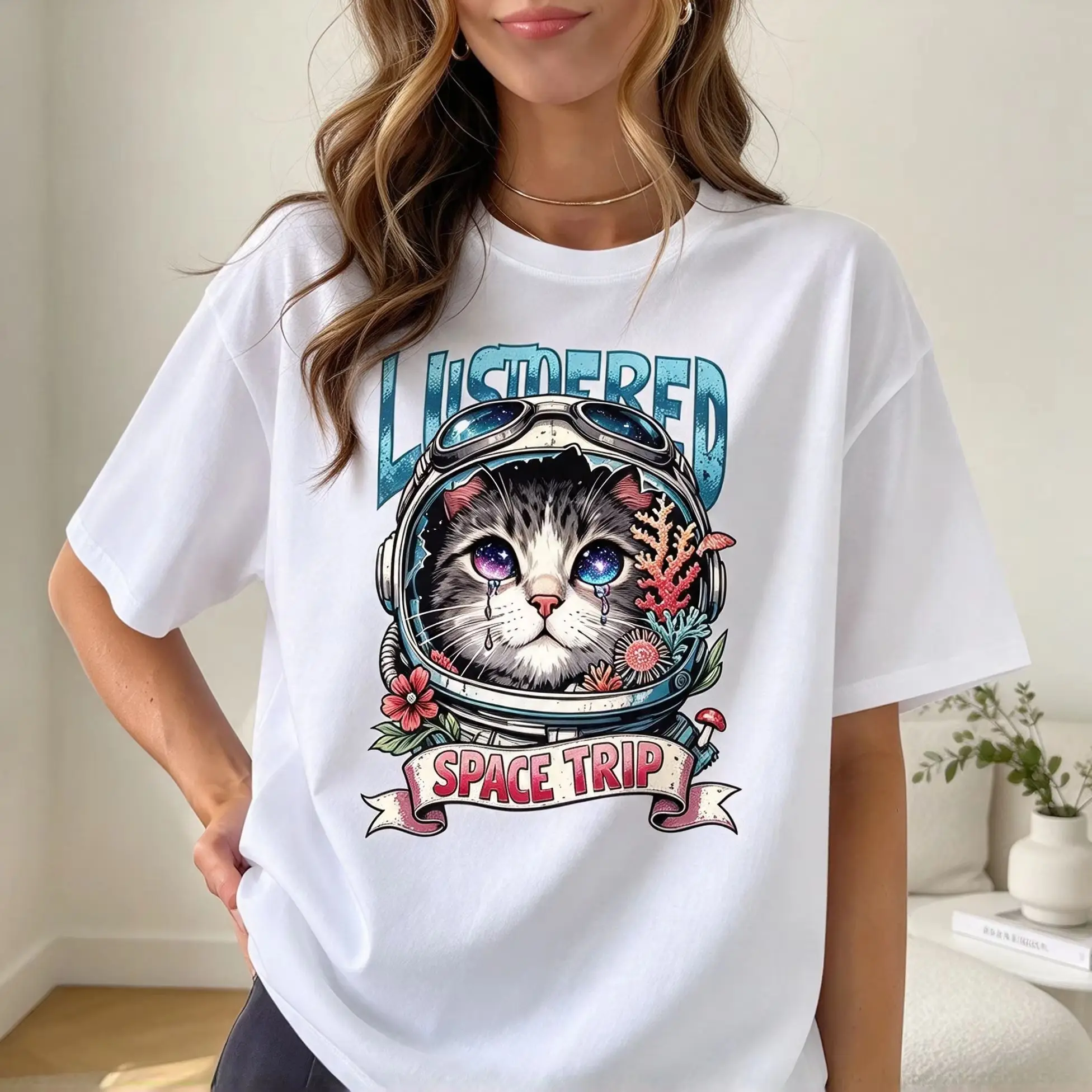Women Space Trip Astronaut Cat Graphic T Shirt Cute Galaxy Eye Kitten Print Short Sleeve Crew Neck Casual Streetwear Tee