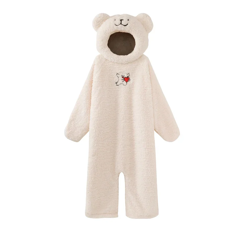 Women Robes bodysuit cartoon Bear Coral Velvet Nightgown Cute Korean Pajamas Hooded Funny Anime Sleepwear Girlfriends Homewear