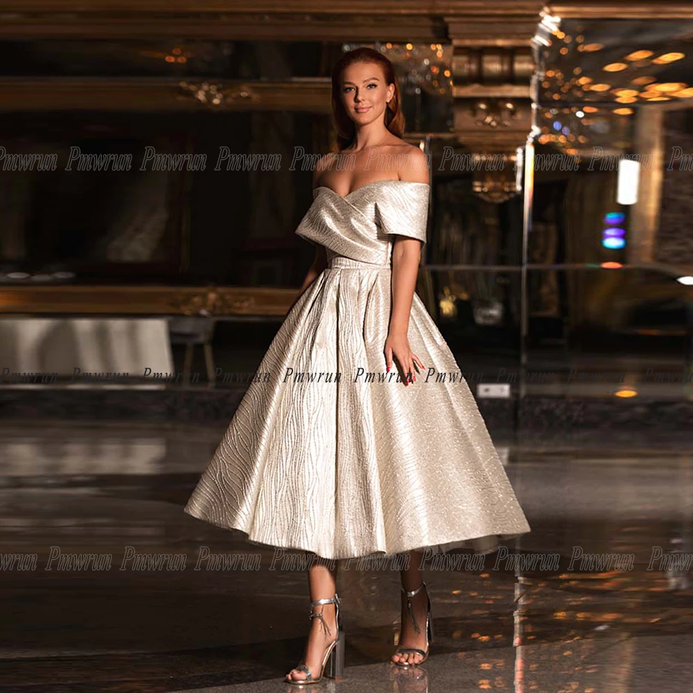 

Vintage Off Shoulder Tea Length Evening Gown For Woman Pleat Elegant Vestido Fiesta A Line 2023 Modest Formal Party Dress