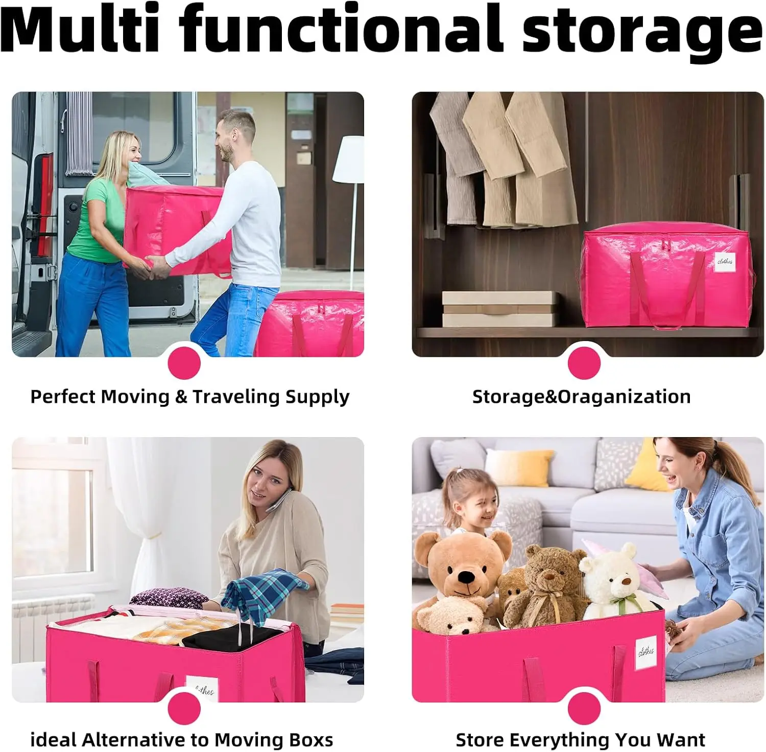 Heavy-Duty Hot Pink Extra Large Moving and Storage Totes, Large Packing Bags with Durable Zippers and Reinforced Handles for Clothes and Supplies