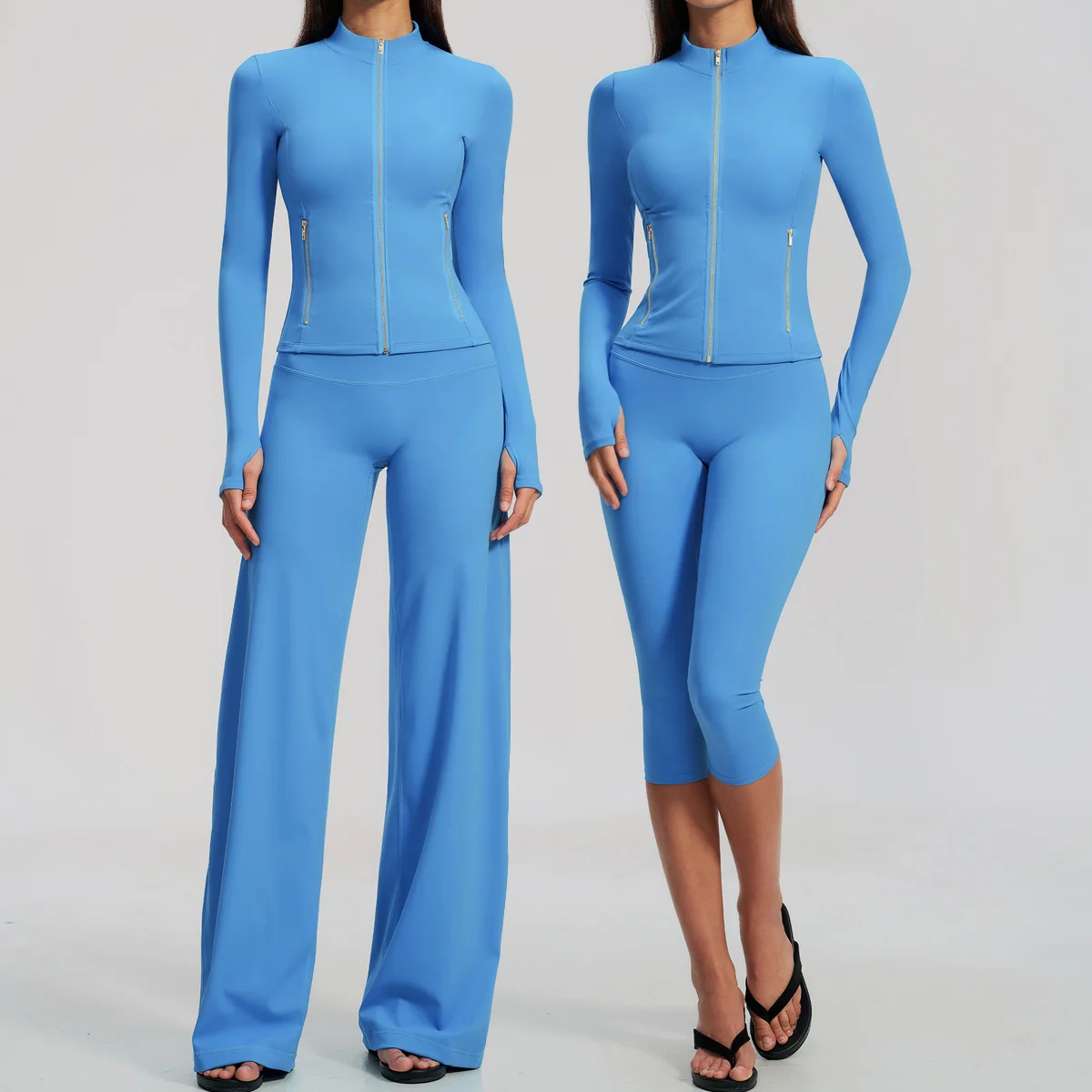 New 2PCS Yoga Suit Sports Set Women Tracksuit Workout Clothes Gym Long Sleeve Sports Zipper Jacket Wide Leg Pants Athletic Wear