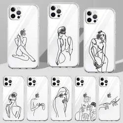 Line Art Woman Abstract Case for Apple iPhone 11 13 Mini 14 12 Pro Max 15 7 8 Plus XR X XS Clear TPU Phone Cover