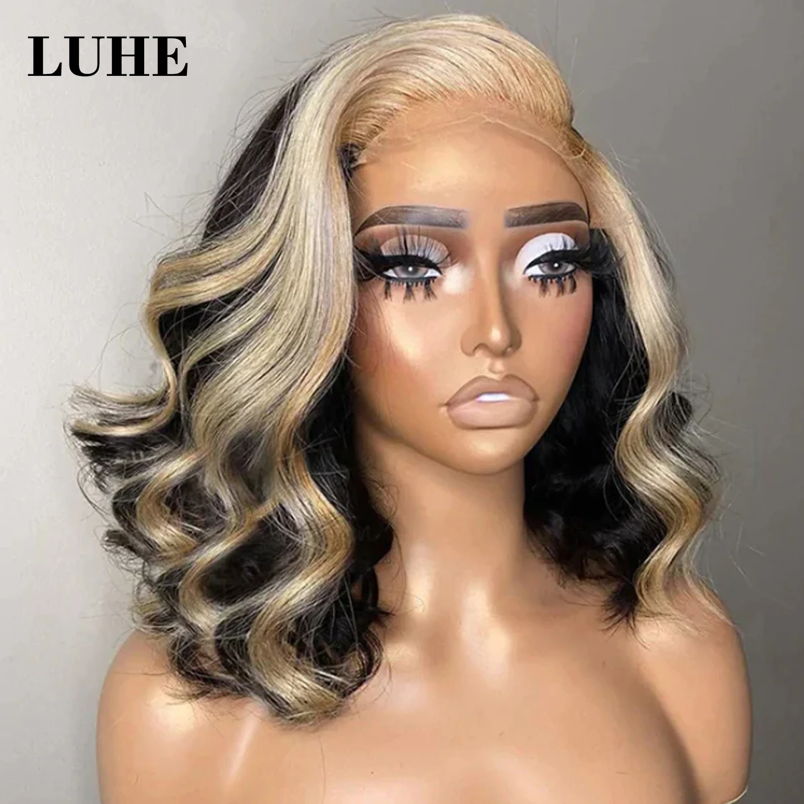 Perruque Lace Front Wig synthétique Body Wave courte noire avec reflets blonds, 13x3, perruque Lace Frontal Wig pour femmes, usage quotidien