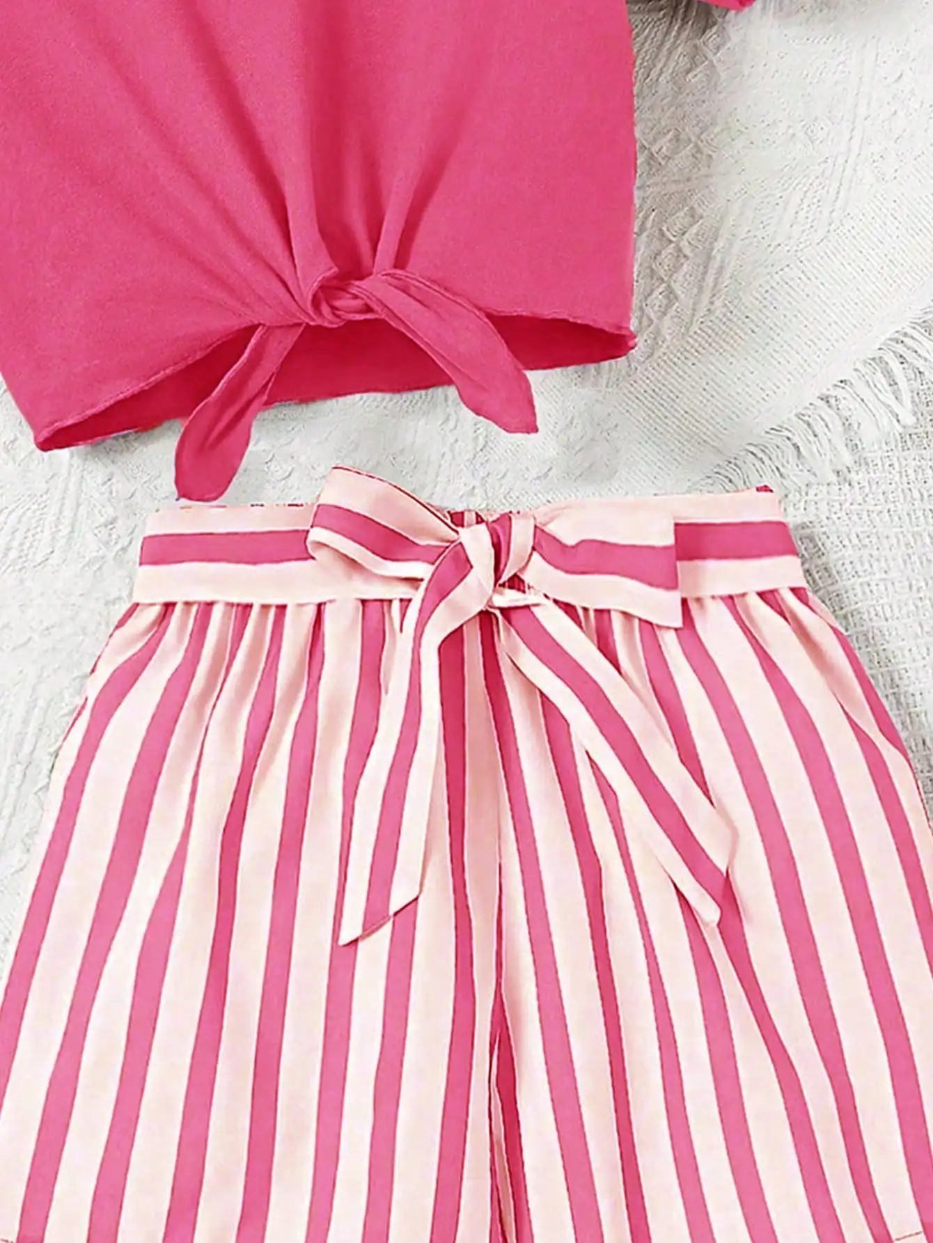 Women's casual daily short sleeved love printed+striped printed shorts 2-piece set with random belt striped children's clothing