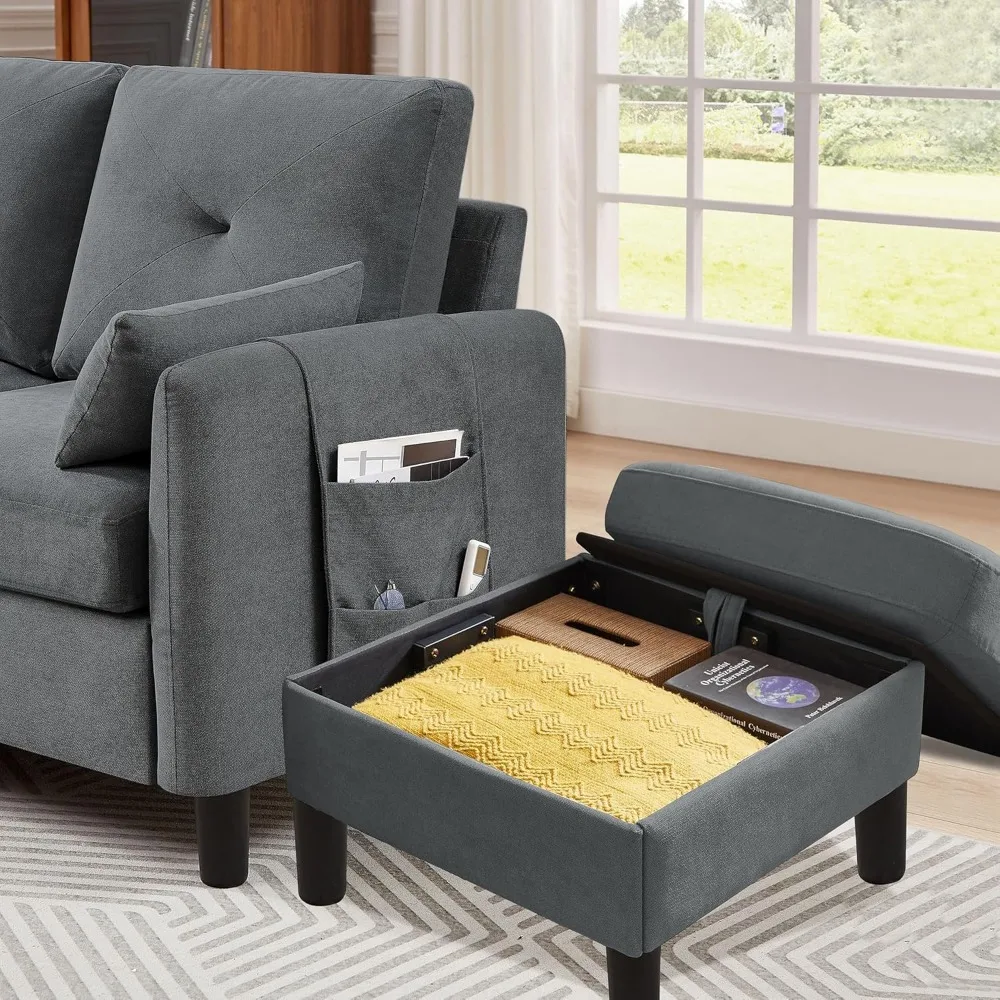 modern 3-seat l-shaped sectional sofa with reversible storage chaise, 77" small couch in polyester fabric
