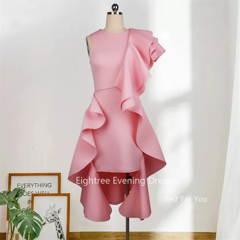 Eightree Vintage Pink Party Dresses Long Sleeves Modest Ruffles Knee Length O-Neck Matte Satin Evening Prom Formal Gowns Event