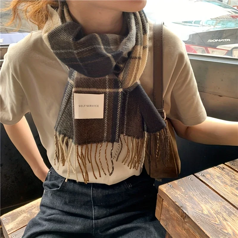 2023 New Vintage Thickened Scarf Lengthened Shawl Stylish Plaid Striped Long Tassel Winter Warm Windproof Neck Scarves