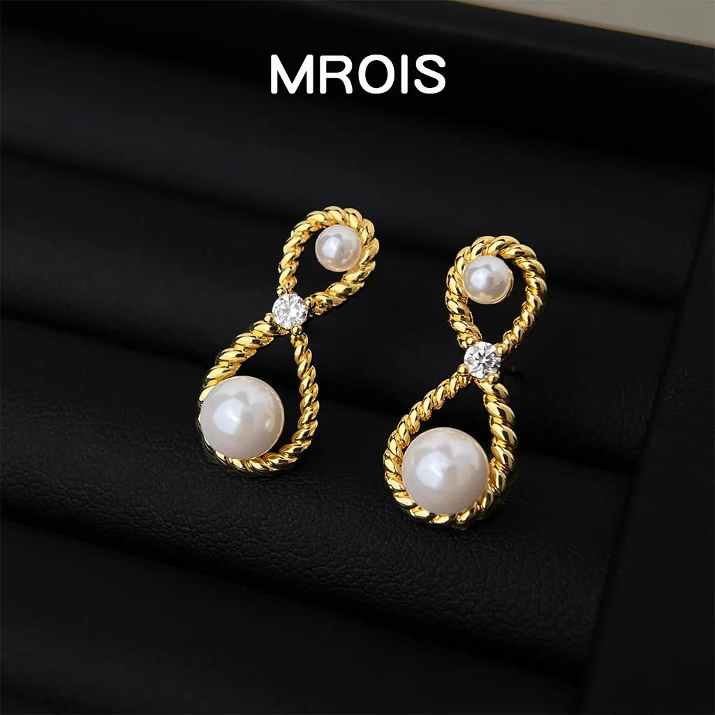Original Mobius ring pearl zircon stud earrings geometric twist s925 silver needle earrings for women