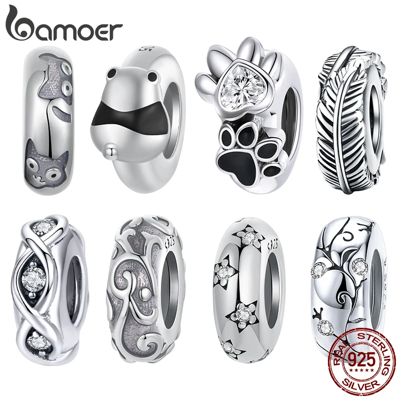 Bamoer 925 Sterling Silver Original Silicone Stopper Beads Panda Cat Pattern Star Cute for Woman Fit Bracelet Fine Jewelry DIY