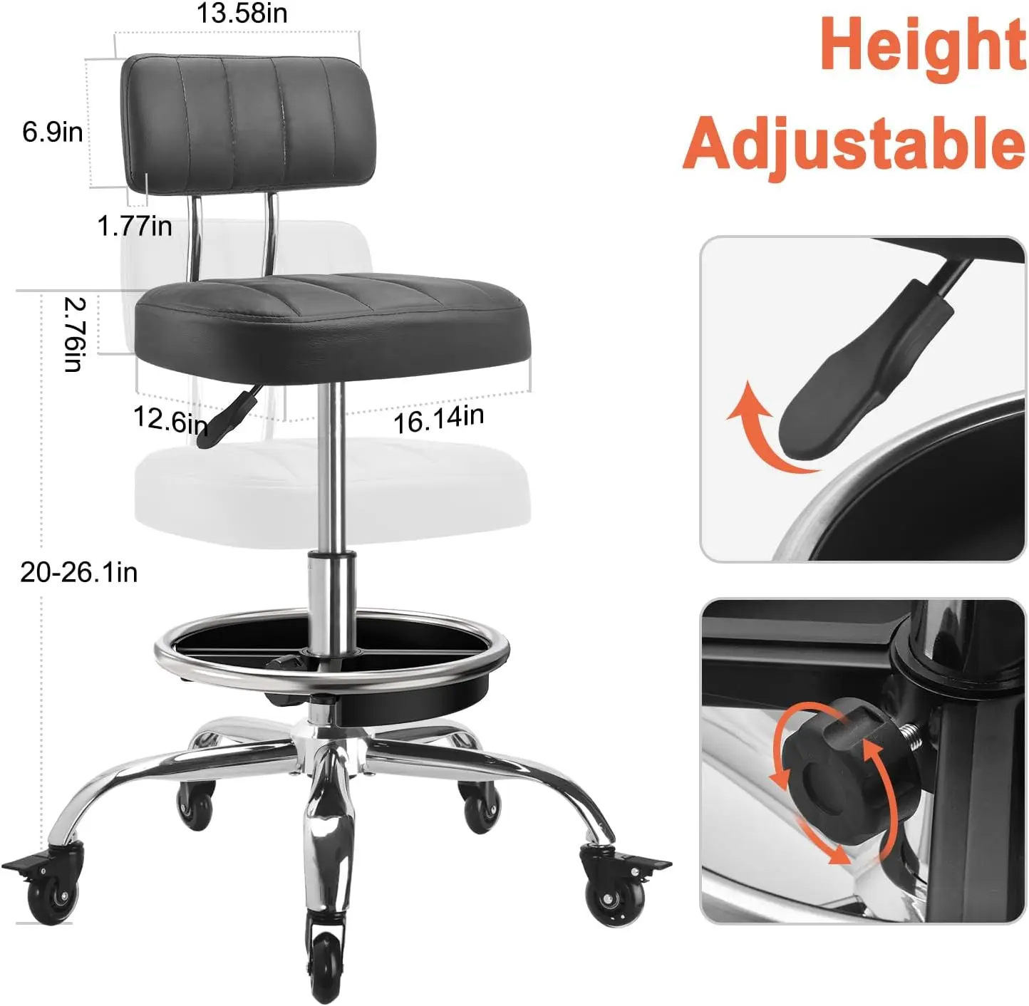 Garage Mechanic Stool With Backrest Height Adjustable Heavy Duty Swivel Task Chair Rolling Workshop Stool Tool Tray Storage Repair Seat Black