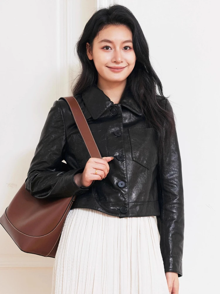 

Casual Short Genuine Leather Jackets for Women Spring Autumn 2026 New High-end Simple Slim Solid Soft Oil Wax Real Goatskin Coat