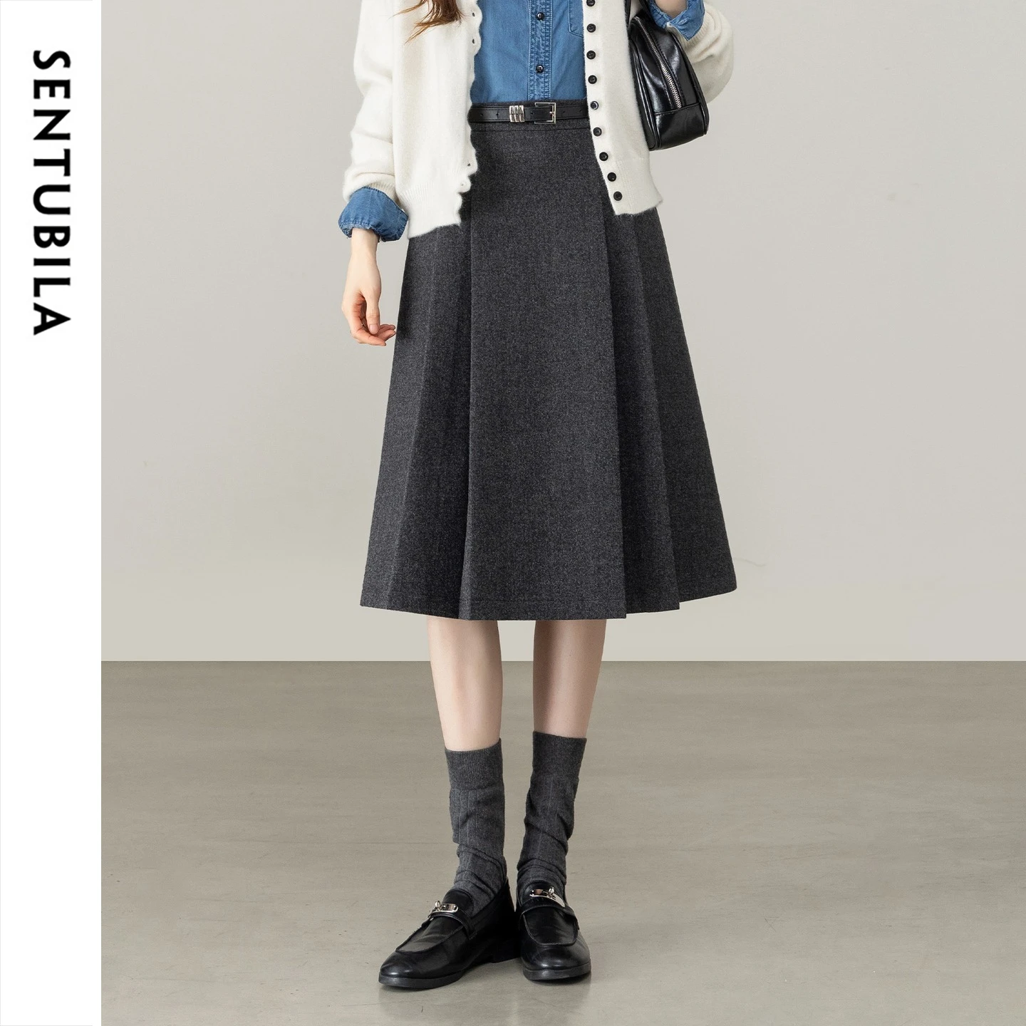 SENTUBILA Women's Winter Skirt High Waist Grey Thick Warm Midi A Line Pleated Skirt 2026 Casual Office Ladies Clothes 164QB6821