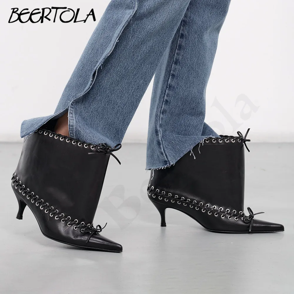 Women's Black Lace-Up Leather Boots Mid-Heel Elastic Band Fashionable Boots with Large Shaft Circumference and Loose Boots