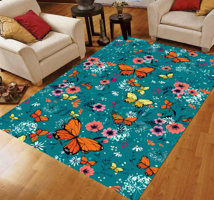 Teal Butterfly Floral Rug Orange Monarch Garden Carpet, Non-Slip Machine-Washable Carpets Home Decoration