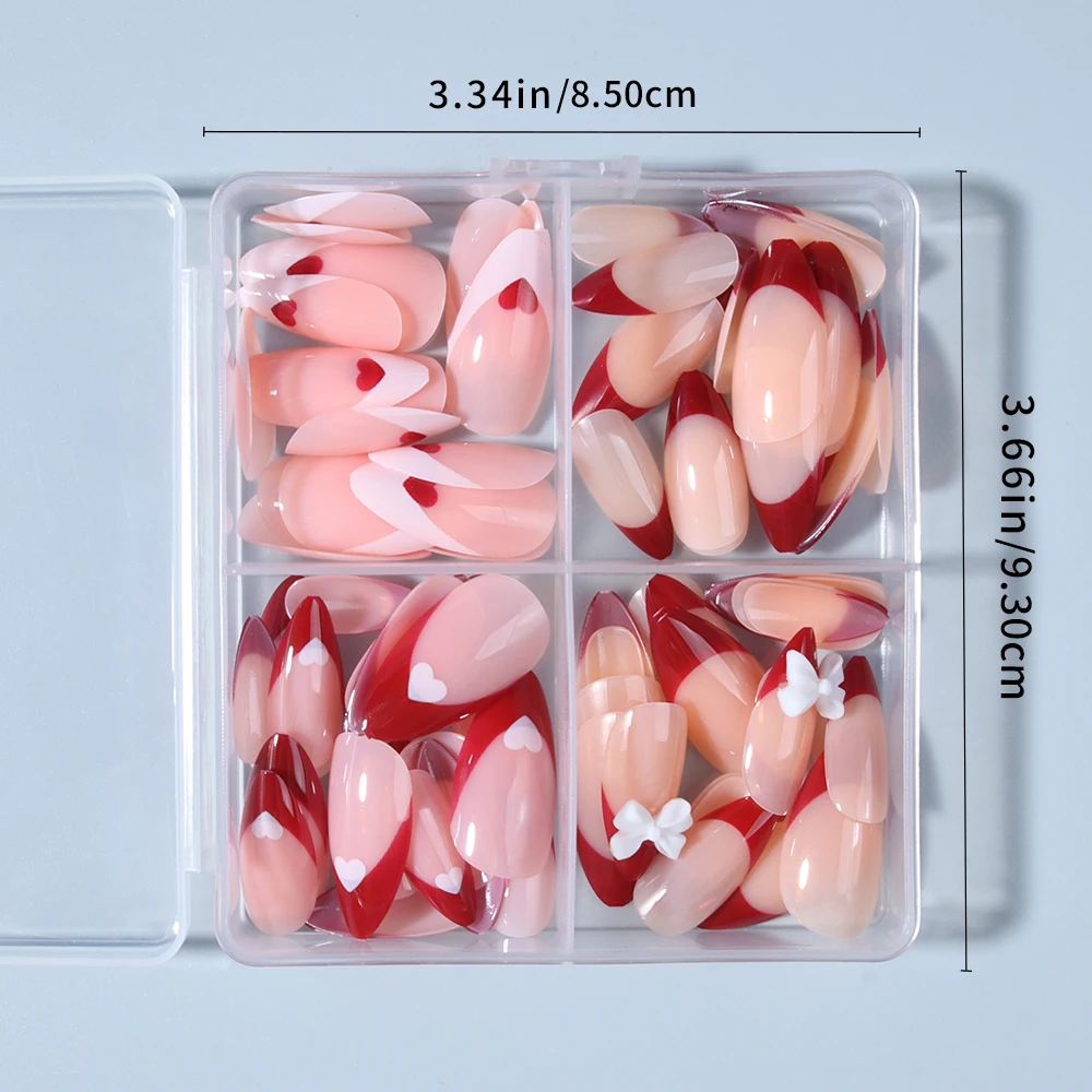 96 pezzi (quattro stili) Punte per unghie francesi con fiocco di mandorle, set perfetto per unghie finte, incluso: 1 pezzo di colla gelatinosa e 1 lima per unghie, San Valentino