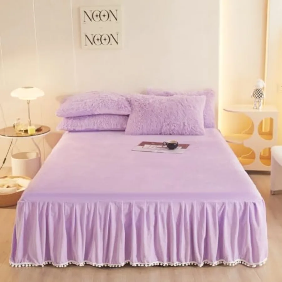 

Pom Pom Velvet Bed Skirt 22 Inch Drop Dust Ruffle Bed Skirt Soft Cozy Wrap Around Fitted Sheet Fitted Bed Sheet with Skirt Bedd