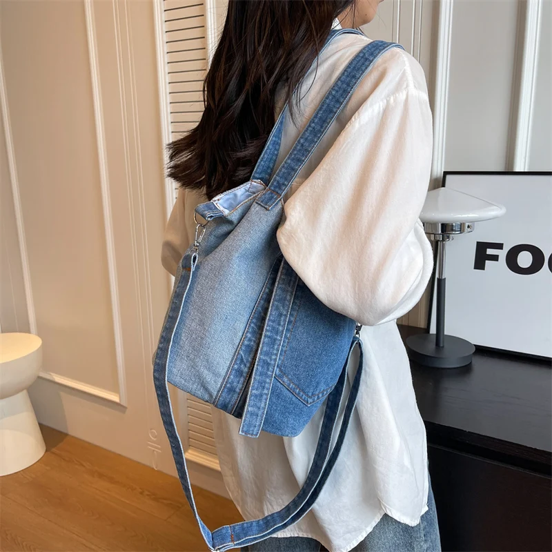 Patchwork Denim Women's Bag Detachable Strap Shoulder Bag New Jeans Messenger Bag Y2K Eco Bag Korean Satchel Bucket Handbag Tote