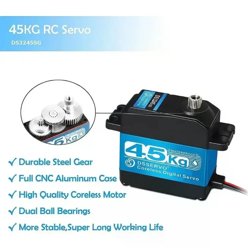 Dsservo 45kg Coreless DS3245 Digital Servo Metal Motor 7.4V Waterproof IP66 with 25T Servo Arm for RC Robot 1:8 1:10 Baja Car RC