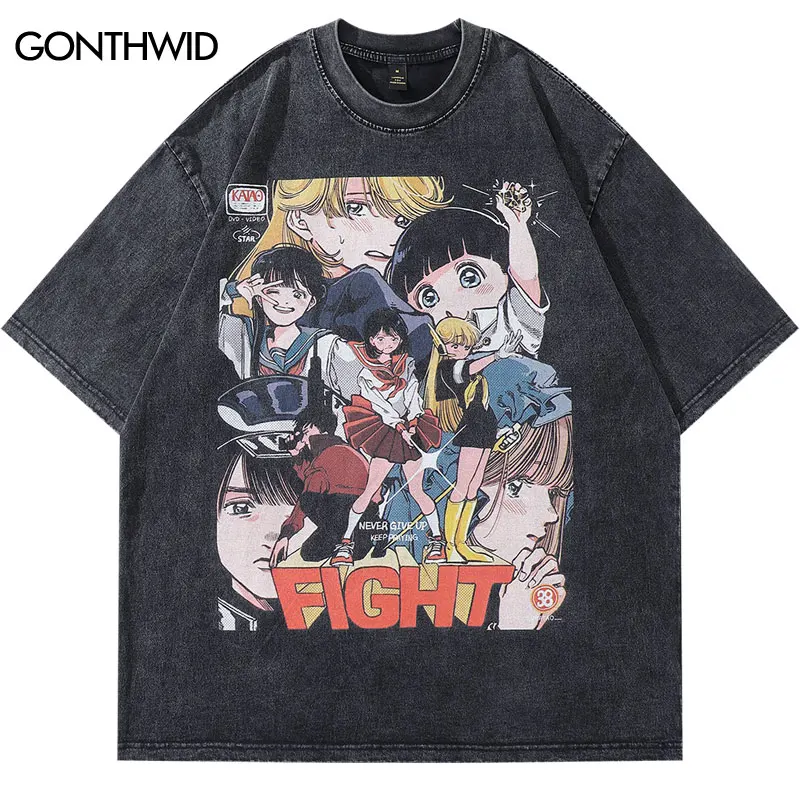 Hip Hop Oversized T-Shirt Vintage Streetwear Japanese Cartoon Comics Girl Graphic Print Washed Tshirt Harajuku Fashion Loose Top