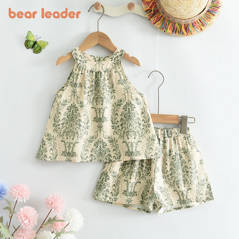 Bear Leader New Girls Outfit Summer Small Floral Halterneck Sleeveless Suspender+ Short Girl Refreshing Shorts Two-Piece Set