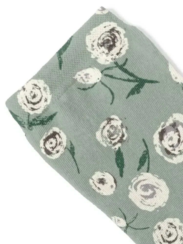 GREEN ROSES WHITE FLORAL - SAGE GREEN Socks Heating sock hip hop floor Socks Female Men's