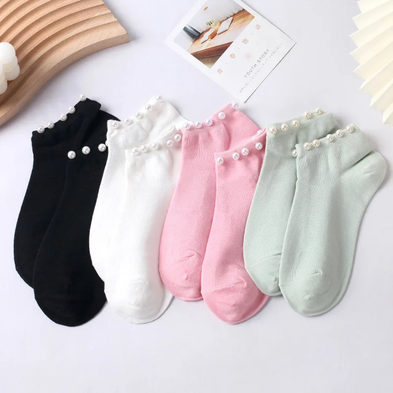 Moda Pérolas Stud Mulheres Algodão Meias Curtas INS Estilo