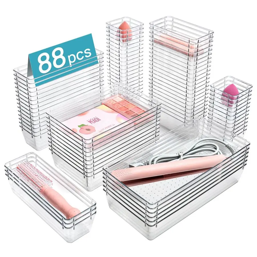 

88PCS Clear Plastic Drawer Organizers Set, 5Size Versatile Bathroom Drawer Organizer Trays, Storage Bins for Makeup, Vanity, Kit