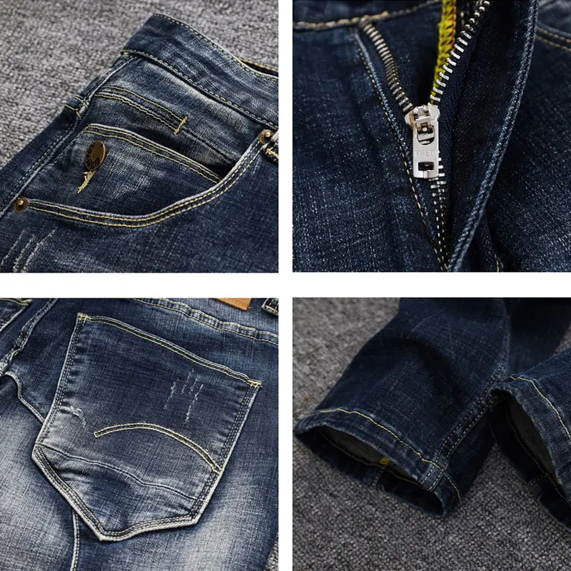 Newly Fashion Men Jeans High Quality Retro Black Blue Stretch Slim Fit Ripped Jeans Men Spliced Designer Vintage Denim Pants