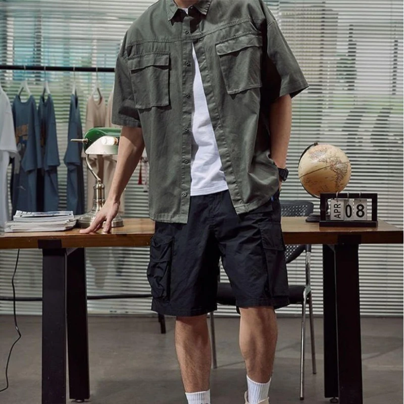 

Мужской летний повседневный костюм в японском стиле, 3 предмета, 100% хлопок, рубашка с коротким рукавом, большие размеры, новинка, свободный крой