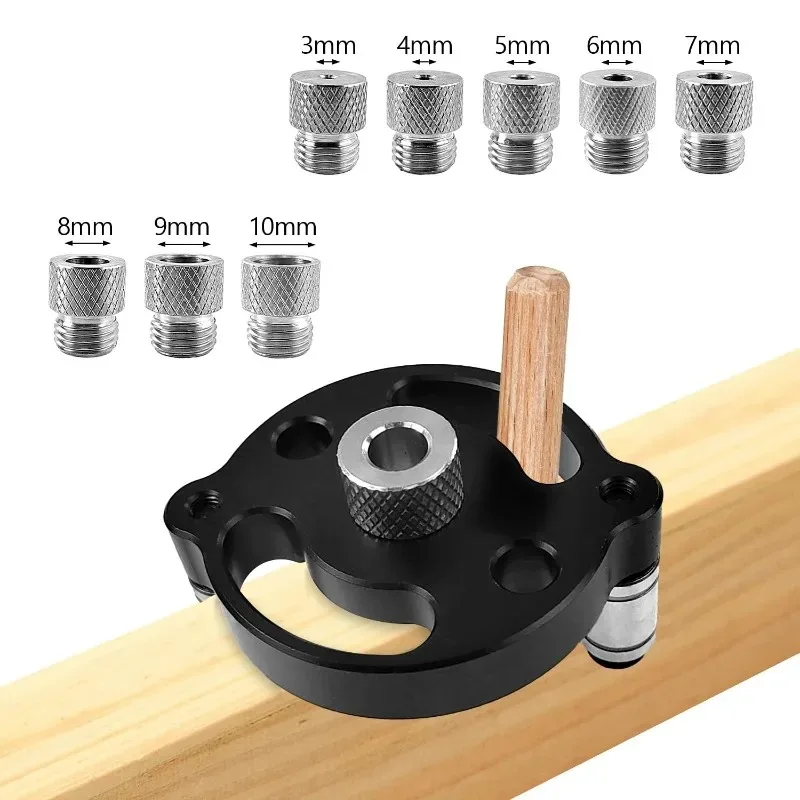 

Aluminum Alloy Vertical Hole Locator, Woodworking Dowel Center Punch Tool, Straight Hole Drilling Guide with 3-10MM Bushings