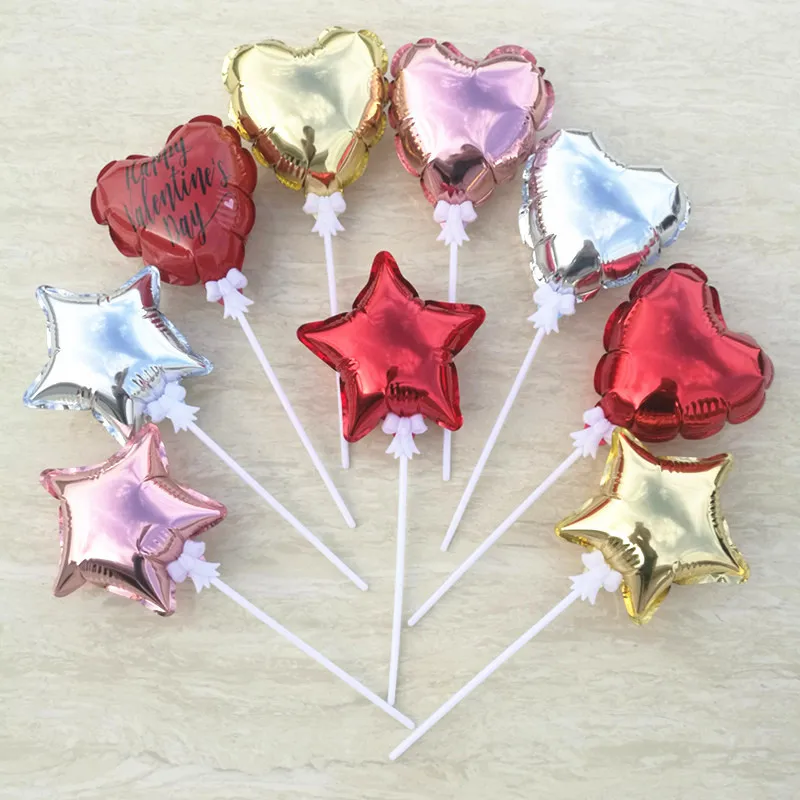 5inch Self-inflating Foil Balloons Cake Toppers With Plastic Stick Heart Shaped Cake Decor Wedding Birthday Party Cake Supplies