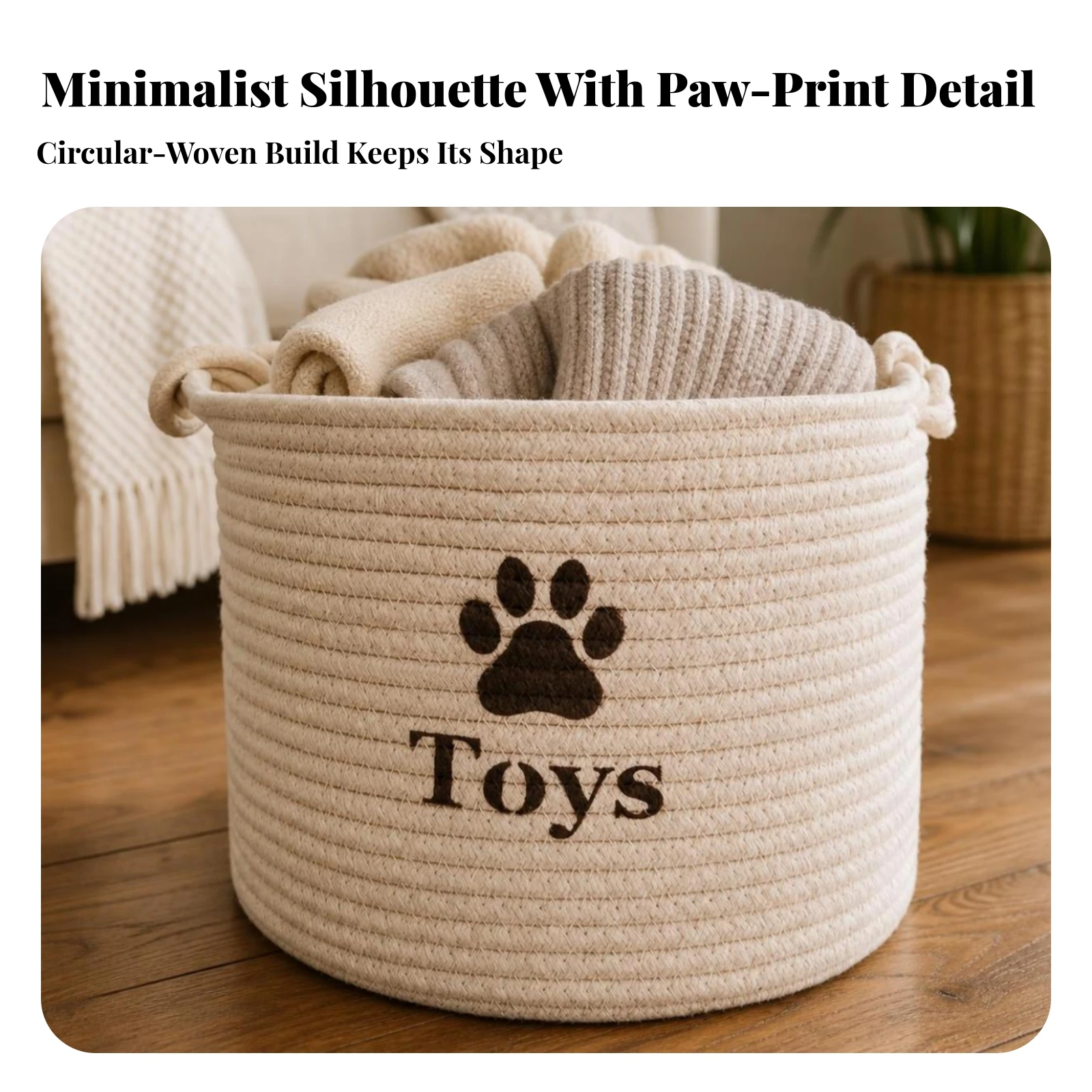 Rope Toy Basket Soft-Sided Woven Storage Basket with Handles Woven Rope Bin Portable Organizer Minimalist for Pet Owners