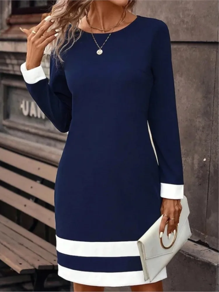 Women's Clothing Autumn Winter New Fashion Tight Fitting Color Blocked Dress Long Sleeved Round Neck Casual Women's Clothing